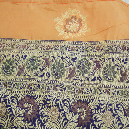 Vintage Peach & Blue Pure silk Hand Woven Fabric Design Indian Fabric 25"X43" Floral Design Sewing Ethnic