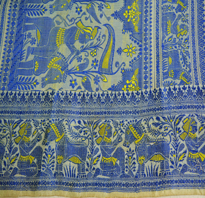 Vintage Cream 100% Pure Silk Hand Woven Baluchari Design Fabric 21"X46" hindu Mythological Design Crafting Sewing Quilting