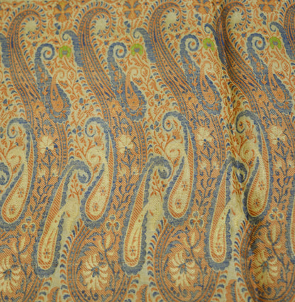 Vintage Blue & Beige 100% Pure Silk Hand Woven Design Fabric 34"X44" Floral Design Crafting Sewing Quilting Horse