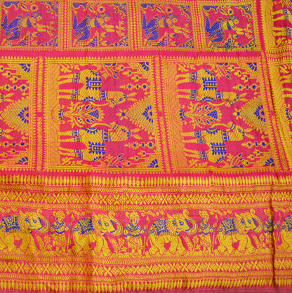 Vintage Pink 100% Pure Silk Hand Woven Baluchari Design Fabric 40"X46" hindu Mythological Design Crafting Sewing Quilting