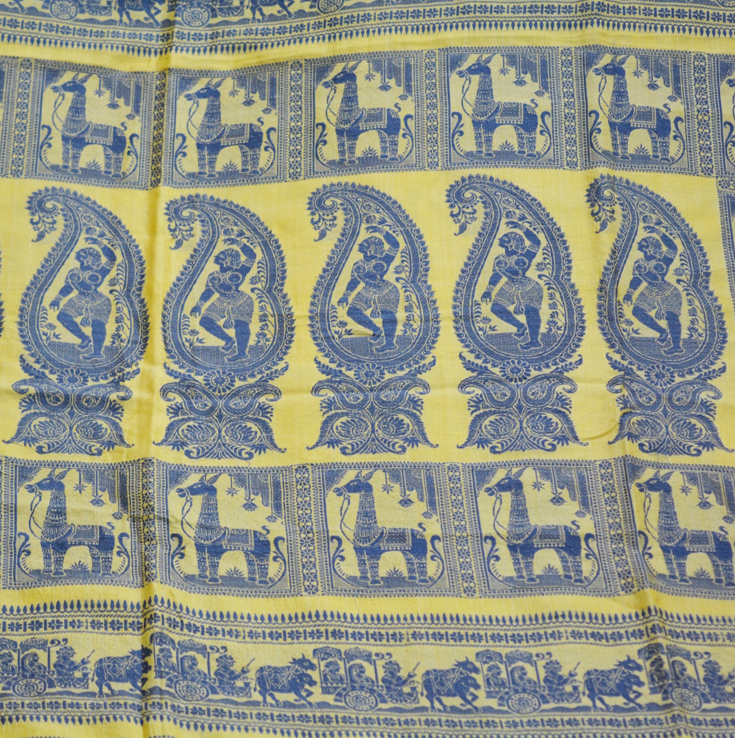 Vintage Yellow 100% Pure Silk Hand Woven Baluchari Design Fabric 32"X46" hindu Mythological Design Crafting Sewing Quilting