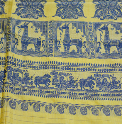 Vintage Yellow 100% Pure Silk Hand Woven Baluchari Design Fabric 32"X46" hindu Mythological Design Crafting Sewing Quilting