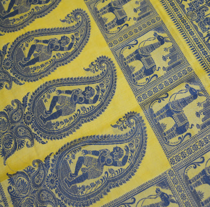 Vintage Yellow 100% Pure Silk Hand Woven Baluchari Design Fabric 32"X46" hindu Mythological Design Crafting Sewing Quilting