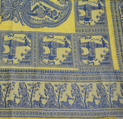 Vintage Yellow 100% Pure Silk Hand Woven Baluchari Design Fabric 32"X46" hindu Mythological Design Crafting Sewing Quilting