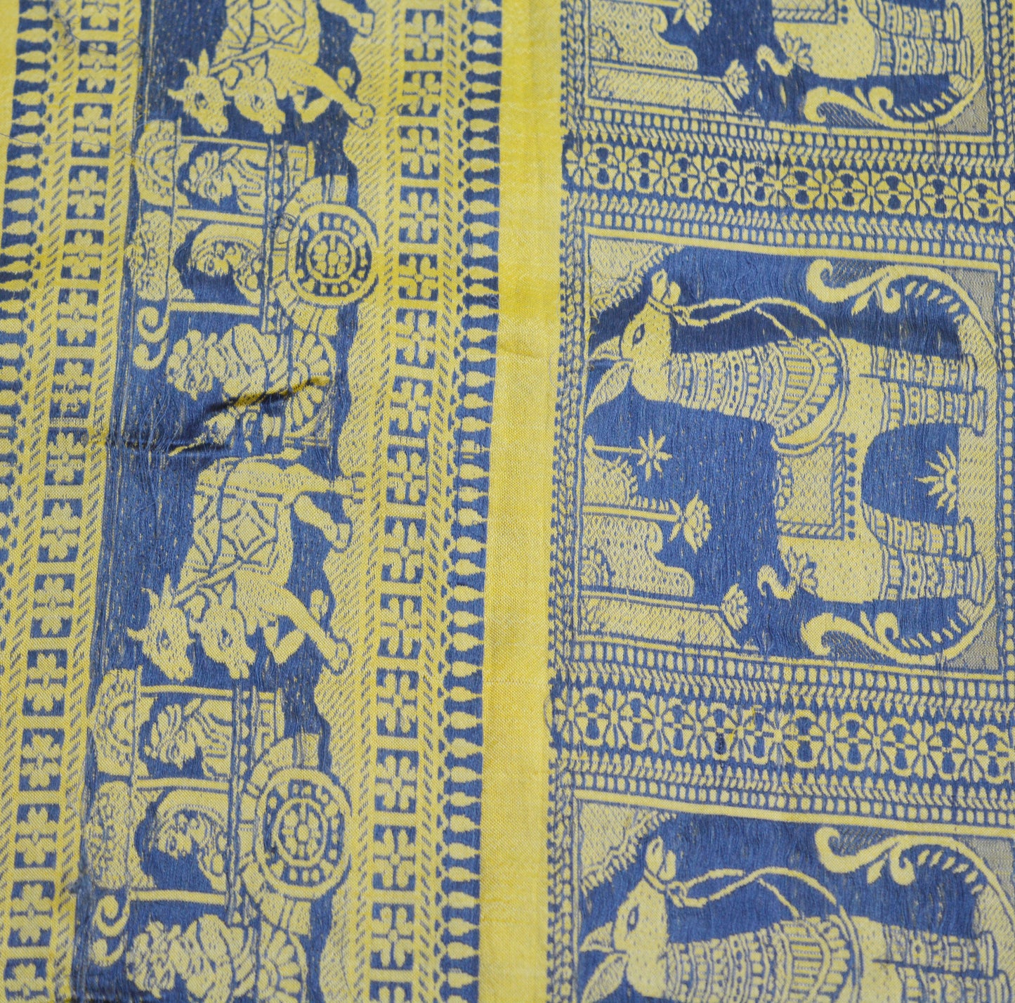 Vintage Yellow 100% Pure Silk Hand Woven Baluchari Design Fabric 32"X46" hindu Mythological Design Crafting Sewing Quilting