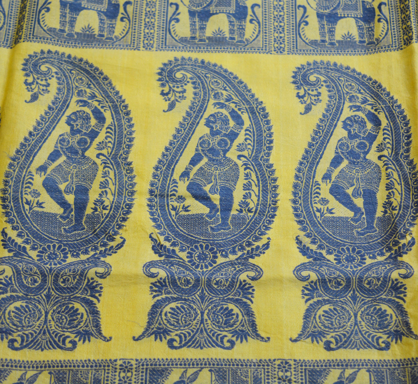 Vintage Yellow 100% Pure Silk Hand Woven Baluchari Design Fabric 32"X46" hindu Mythological Design Crafting Sewing Quilting