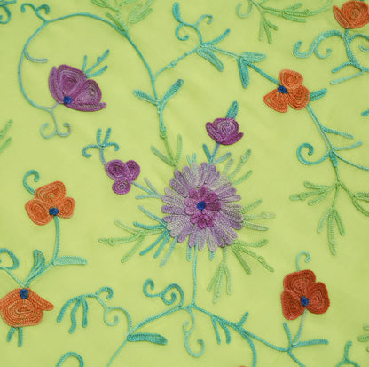 Vintage Yellow Pure Georgette Silk Hand Embroidered Kashmiri Design Fabric 44"X50" Floral Crafting Quilting