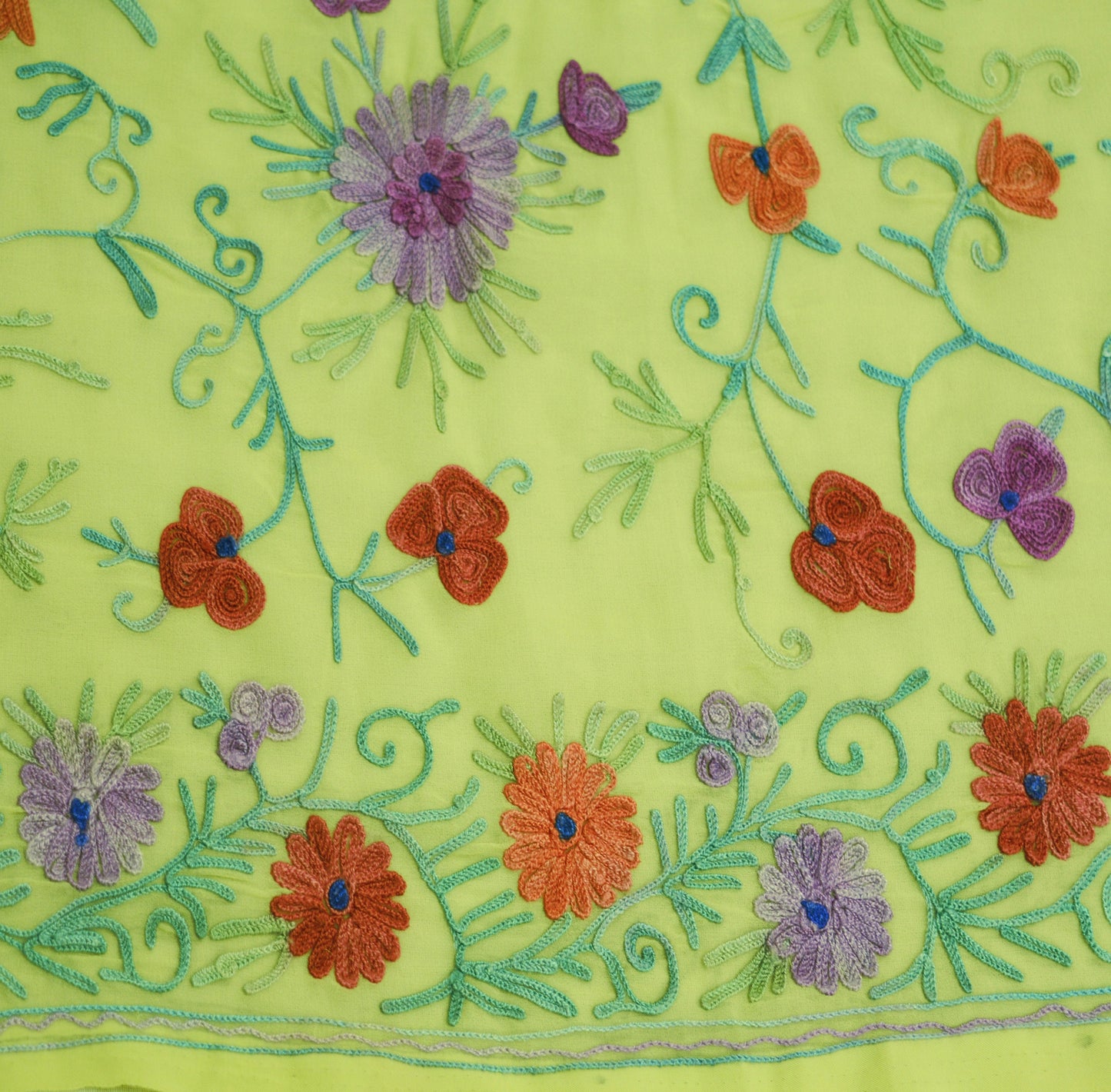 Vintage Yellow Pure Georgette Silk Hand Embroidered Kashmiri Design Fabric 44"X50" Floral Crafting Quilting