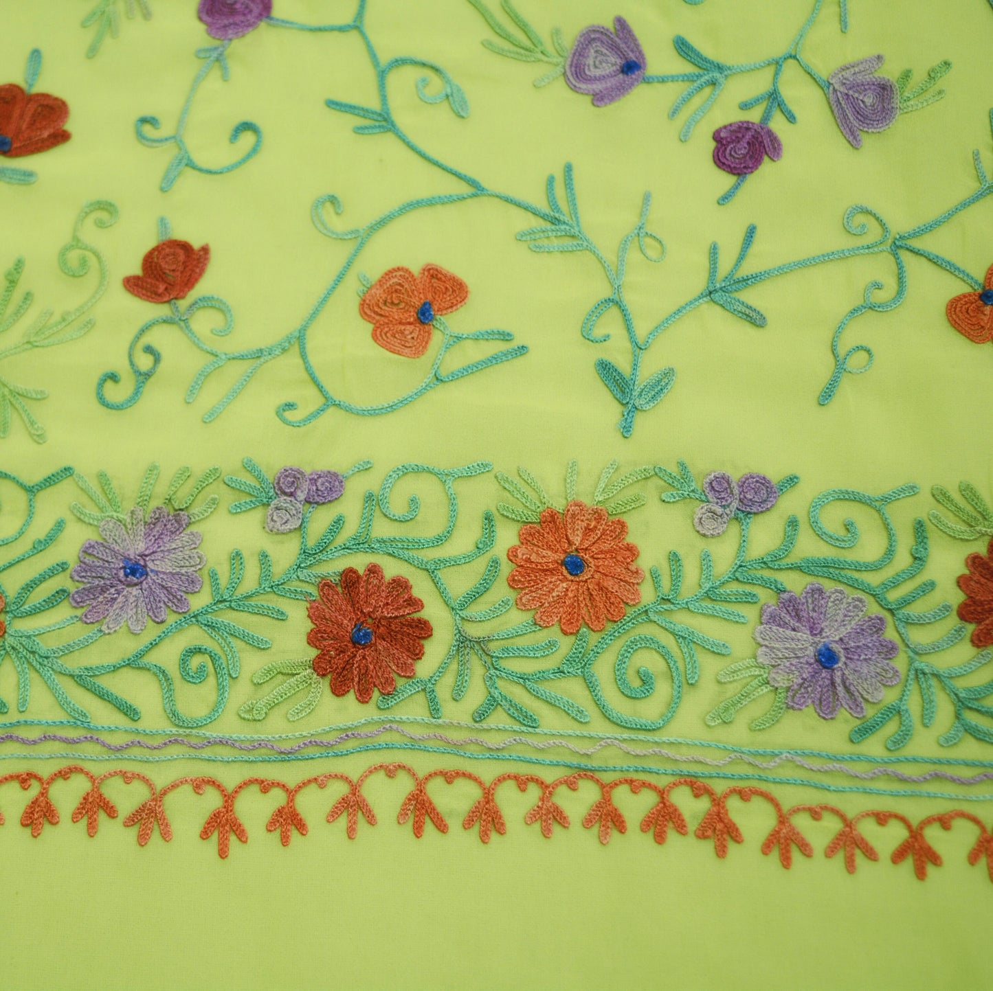 Vintage Yellow Pure Georgette Silk Hand Embroidered Kashmiri Design Fabric 44"X50" Floral Crafting Quilting