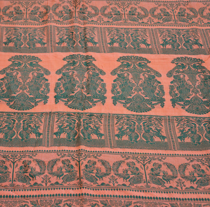 Vintage Peach 100% Pure Silk Hand Woven Baluchari Design Fabric 66"X43" hindu Mythological Design Crafting Sewing Quilting