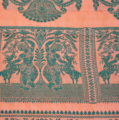 Vintage Peach 100% Pure Silk Hand Woven Baluchari Design Fabric 66"X43" hindu Mythological Design Crafting Sewing Quilting