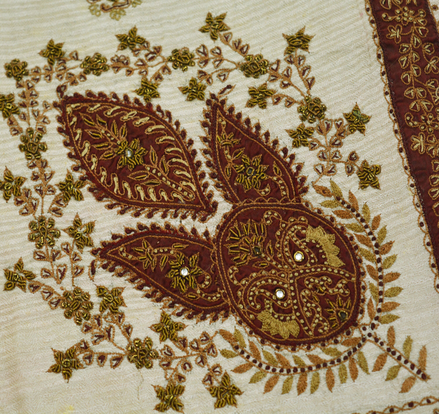 Vintage Cream Pure Woolen Hand Embroidered Design Fabric 16"X4" Floral Crafting Quilting Zardozi/Dabka