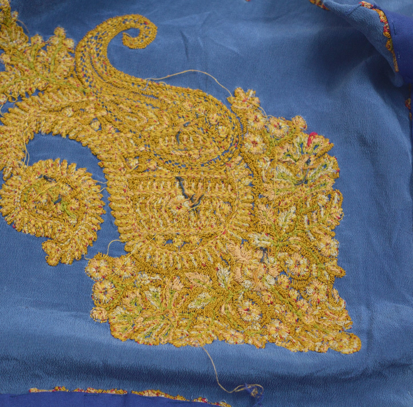 Vintage Blue Pure Crepe silk Hand Embroidered Fabric Design Indian Fabric 12"X41" Floral Design Sewing Ethnic