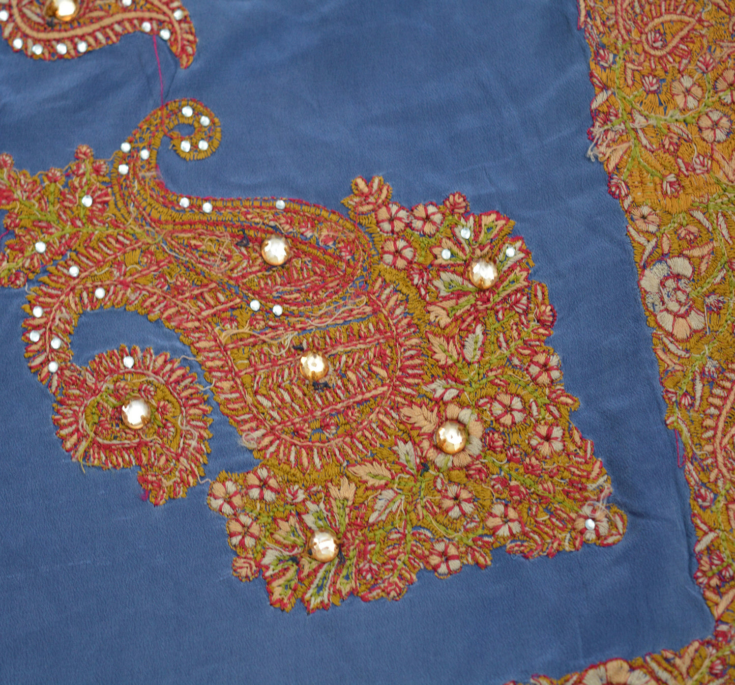 Vintage Blue Pure Crepe silk Hand Embroidered Fabric Design Indian Fabric 12"X41" Floral Design Sewing Ethnic