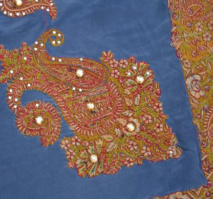 Vintage Blue Pure Crepe silk Hand Embroidered Fabric Design Indian Fabric 12"X41" Floral Design Sewing Ethnic