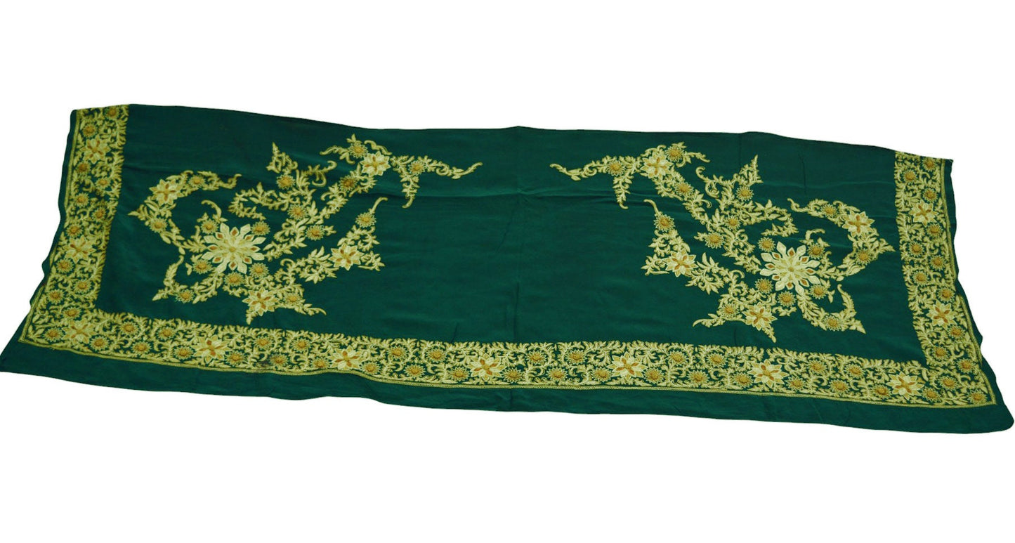 Vintage Green Pure Crepe silk Hand Embroidered Fabric Design Indian Fabric 16"X44" Floral Design Sewing Ethnic