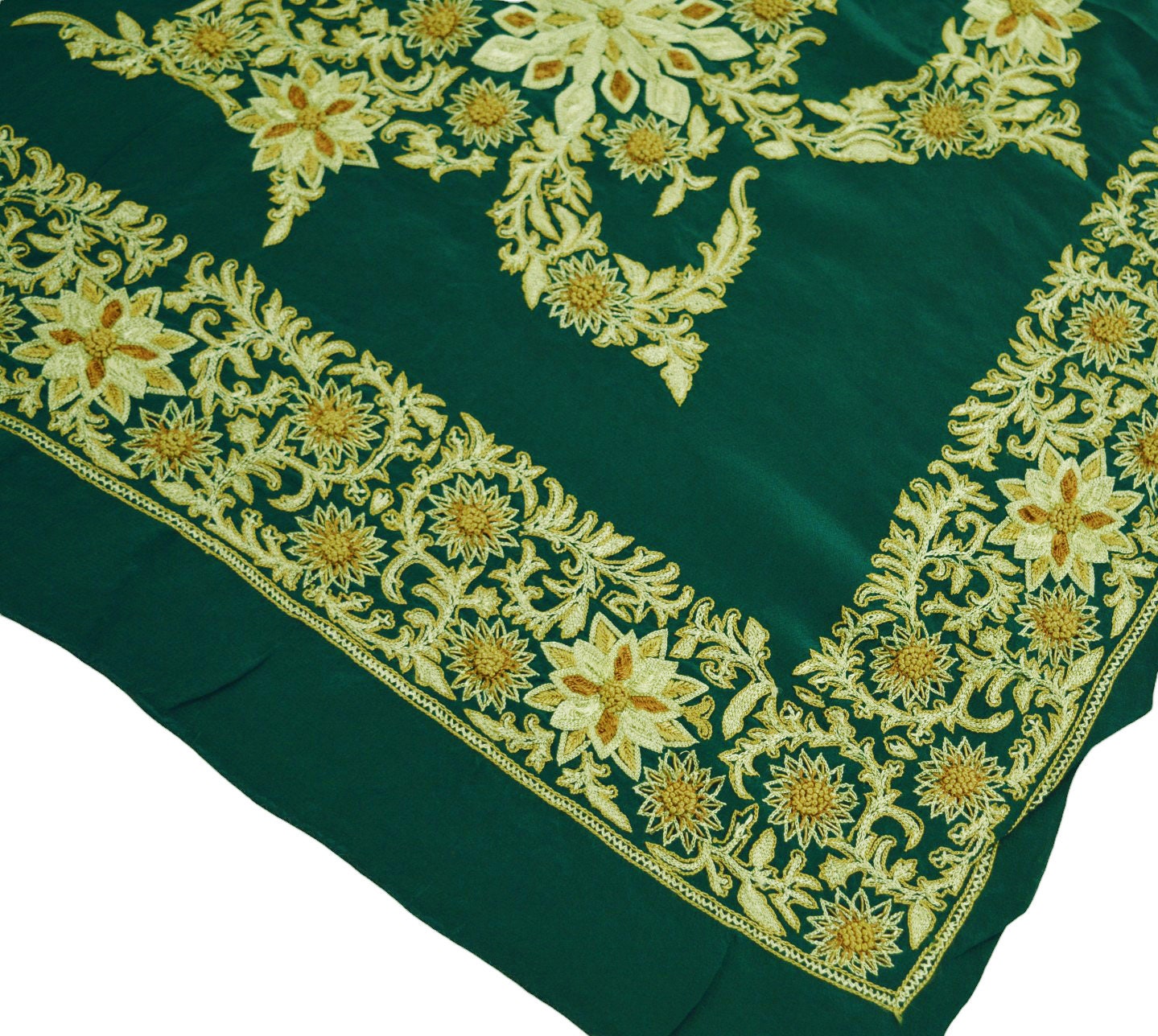 Vintage Green Pure Crepe silk Hand Embroidered Fabric Design Indian Fabric 16"X44" Floral Design Sewing Ethnic