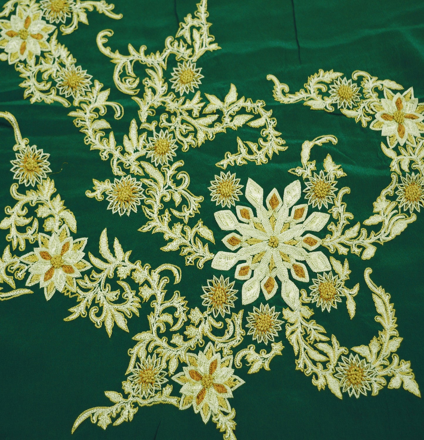 Vintage Green Pure Crepe silk Hand Embroidered Fabric Design Indian Fabric 16"X44" Floral Design Sewing Ethnic