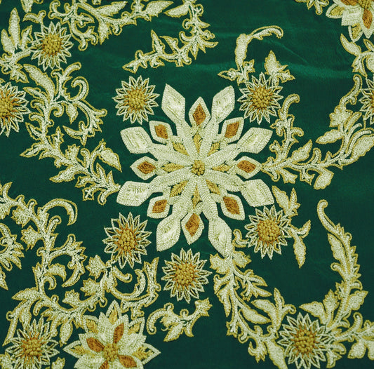 Vintage Green Pure Crepe silk Hand Embroidered Fabric Design Indian Fabric 16"X44" Floral Design Sewing Ethnic