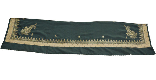 Vintage Gray Crepe Hand Embroidered Design Fabric 12"X45" Floral Crafting Quilting Zardozi dabka zari net work