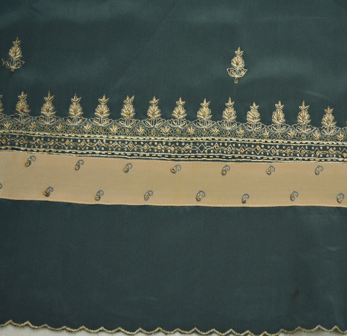 Vintage Gray Crepe Hand Embroidered Design Fabric 12"X45" Floral Crafting Quilting Zardozi dabka zari net work