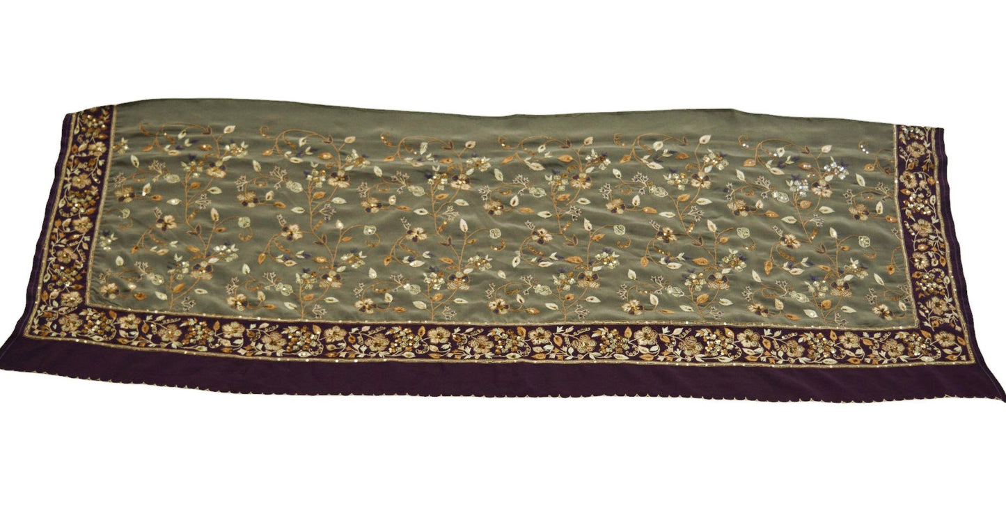 Vintage Gray & Purple Crepe Hand Embroidered Design Fabric 16"X44" Floral Crafting Quilting Zardozi dabka zari net work