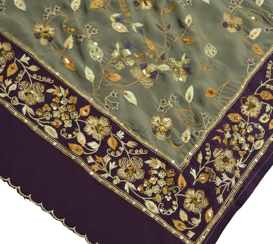 Vintage Gray & Purple Crepe Hand Embroidered Design Fabric 16"X44" Floral Crafting Quilting Zardozi dabka zari net work