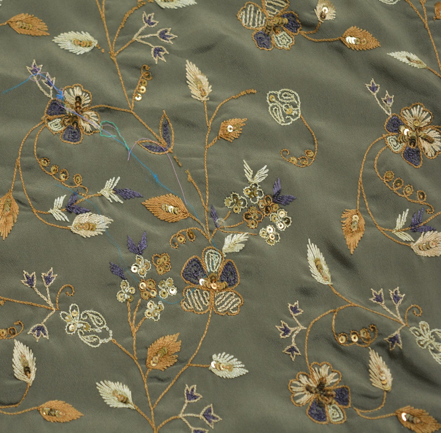 Vintage Gray & Purple Crepe Hand Embroidered Design Fabric 16"X44" Floral Crafting Quilting Zardozi dabka zari net work