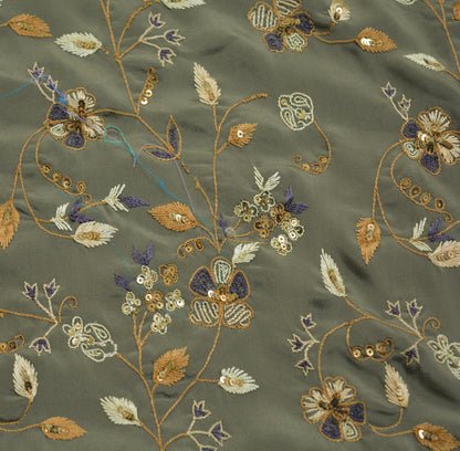 Vintage Gray & Purple Crepe Hand Embroidered Design Fabric 16"X44" Floral Crafting Quilting Zardozi dabka zari net work