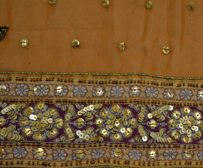 Vintage Saffron Georgette Hand Embroidered Design Fabric 12"X47" Golden Zari Crafting Quilting