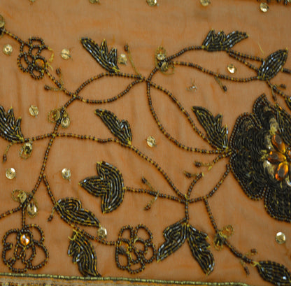 Vintage Saffron Georgette Hand Embroidered Design Fabric 12"X47" Golden Zari Crafting Quilting