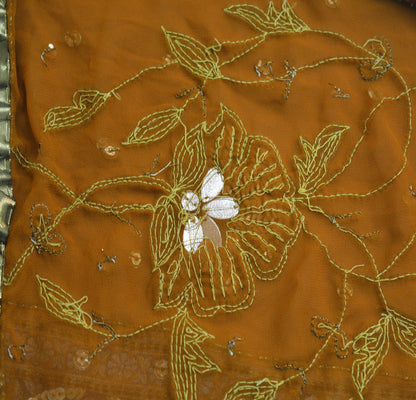 Vintage Saffron Georgette Hand Embroidered Design Fabric 12"X47" Golden Zari Crafting Quilting