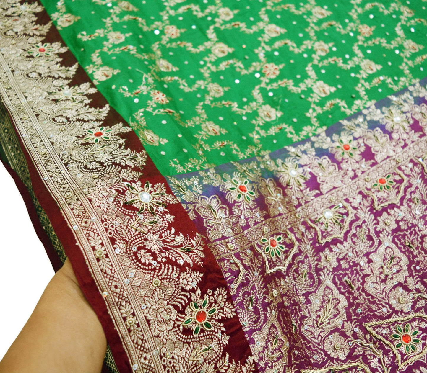 Vintage Sari Heavy Wedding Pure Satin Silk Hand Embroidered Banarsi Brocade Saree Zari/Zardozi/Dabka 5Yd