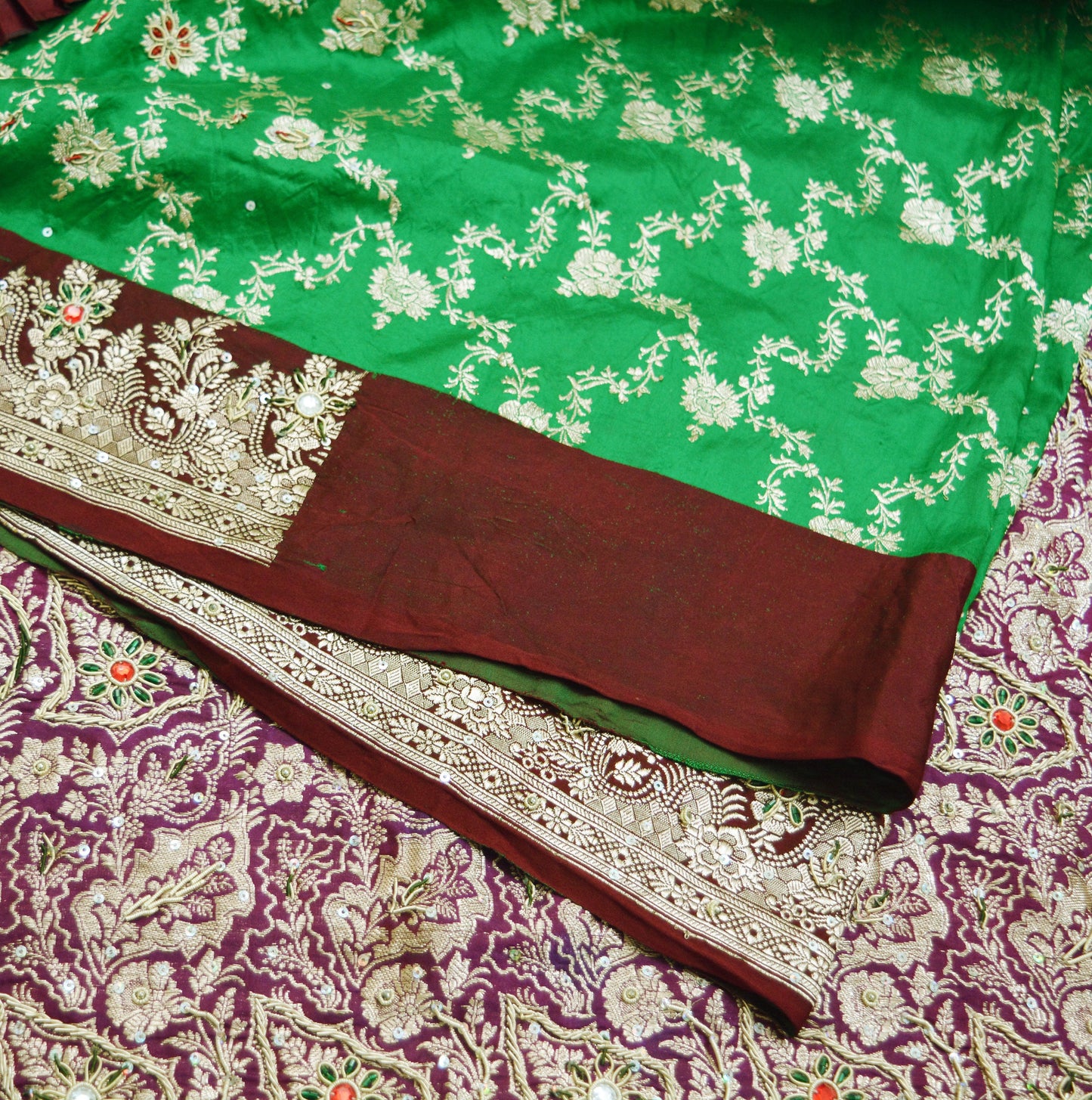 Vintage Sari Heavy Wedding Pure Satin Silk Hand Embroidered Banarsi Brocade Saree Zari/Zardozi/Dabka 5Yd