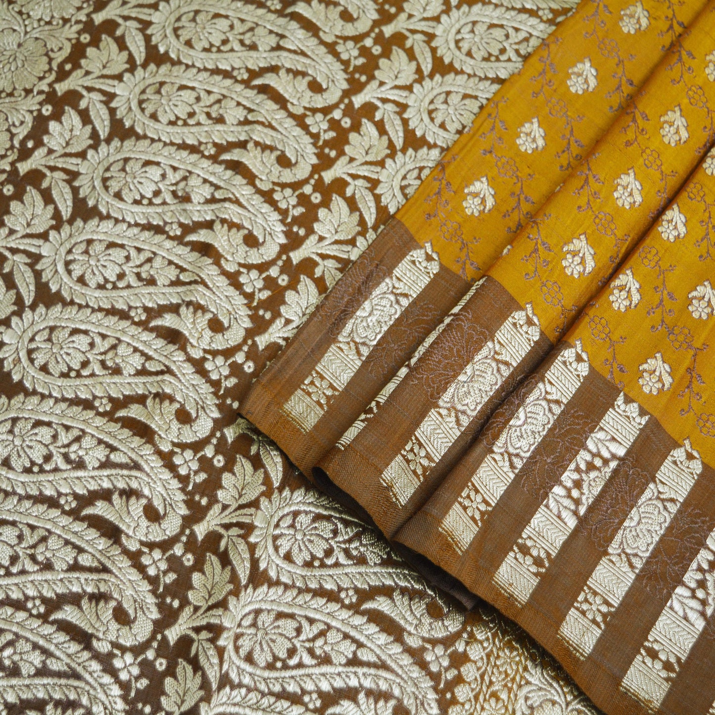 Vintage Sari Brown Heavy Wedding Pure Satin Silk Woven Banarasi Brocade Saree Golden Zari 5Yard Indian Sari