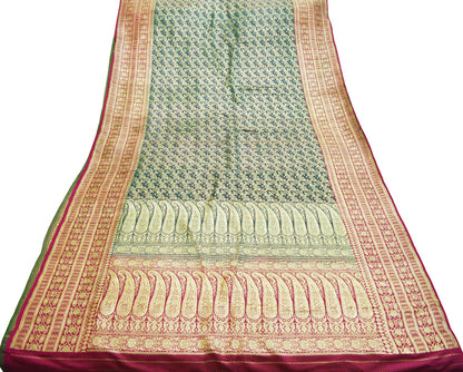 Vintage Sari Rani Pink & Green Heavy Pure Satin Silk Woven Banarasi Brocade Saree Silver Zari 5Yard