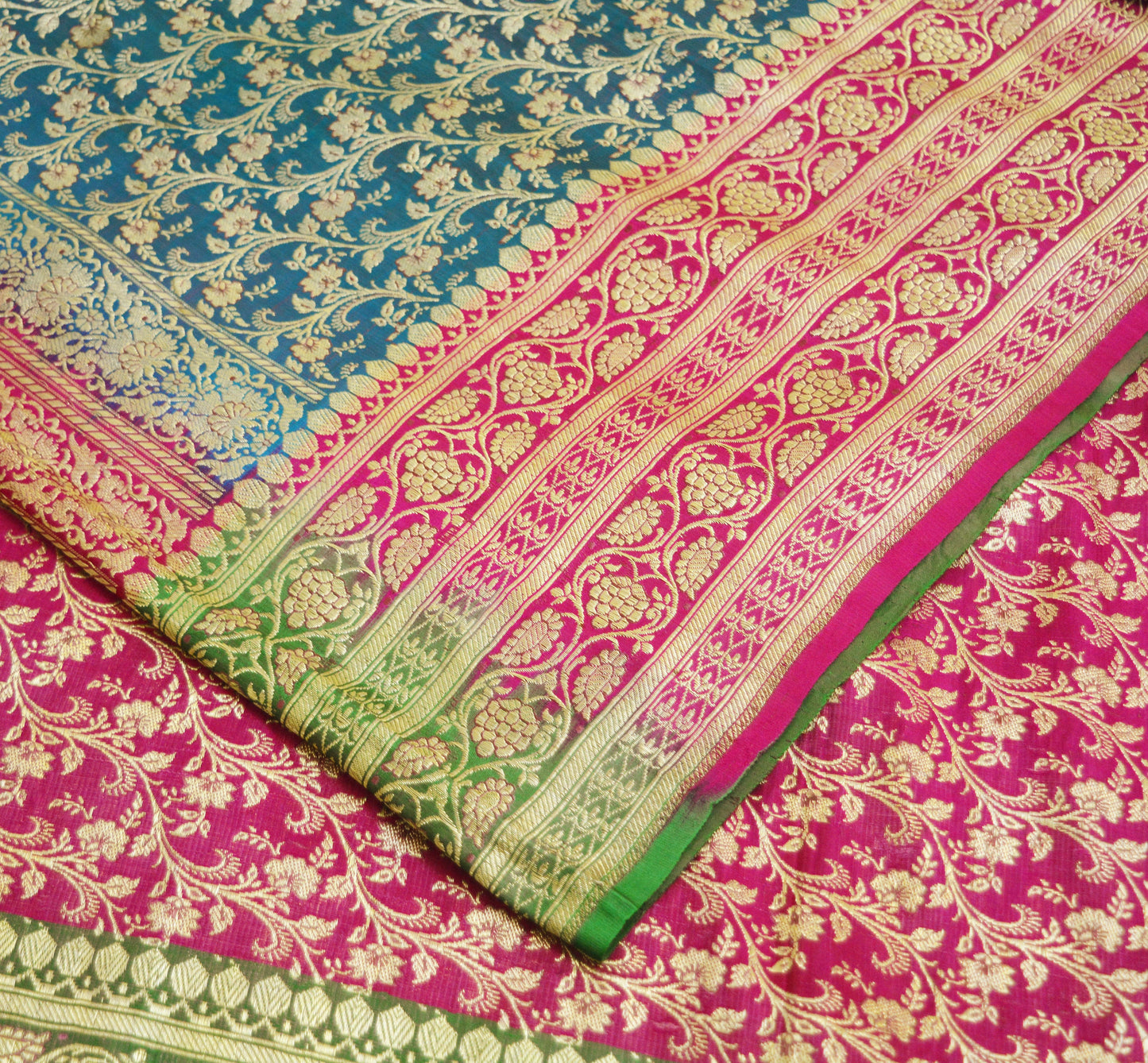 Vintage Sari Rani Pink & Green Heavy Pure Satin Silk Woven Banarasi Brocade Saree Silver Zari 5Yard