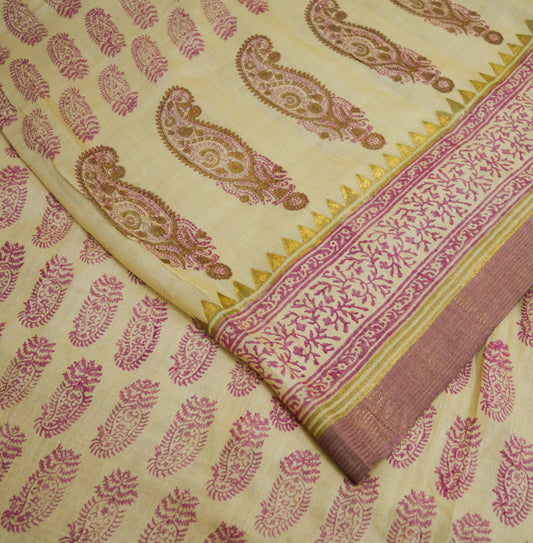 Vintage Ivory Heavy Saree Pure Woolen Woven Painted/Printed Indian Sari Soft Warm Fabric 5Yard Zigzag Woven Border Fringes