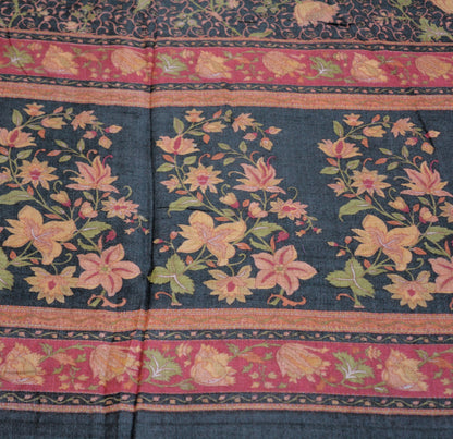 Vintage Black Heavy Saree Pure Woolen Woven Printed Indian Sari Soft Warm Fabric 5Yard Floral Woven Border