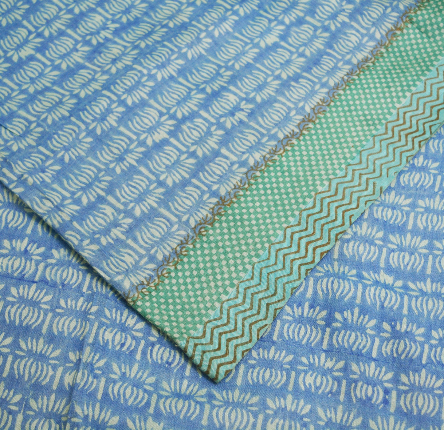 Vintage Blue & Green Heavy Saree Pure Woolen Woven Printed Indian Sari Soft Warm Fabric 5Yard Floral Woven Border