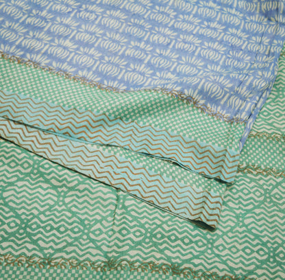 Vintage Blue & Green Heavy Saree Pure Woolen Woven Printed Indian Sari Soft Warm Fabric 5Yard Floral Woven Border