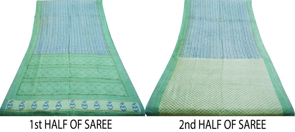 Vintage Blue & Green Heavy Saree Pure Woolen Woven Printed Indian Sari Soft Warm Fabric 5Yard Floral Woven Border