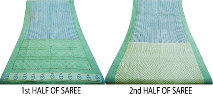 Vintage Blue & Green Heavy Saree Pure Woolen Woven Printed Indian Sari Soft Warm Fabric 5Yard Floral Woven Border