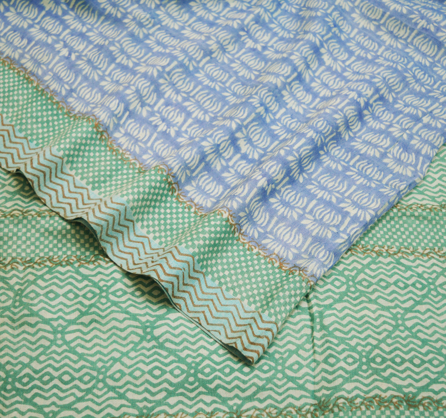 Vintage Blue & Green Heavy Saree Pure Woolen Woven Printed Indian Sari Soft Warm Fabric 5Yard Floral Woven Border