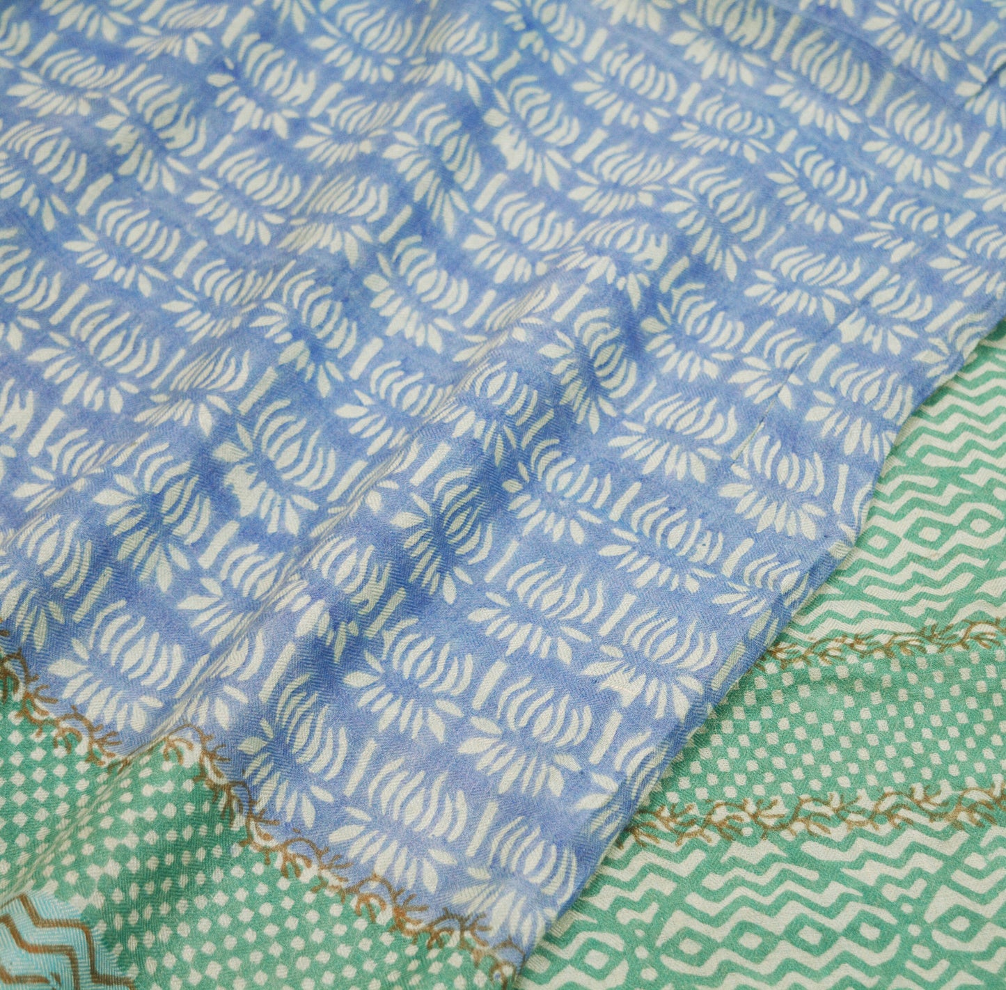 Vintage Blue & Green Heavy Saree Pure Woolen Woven Printed Indian Sari Soft Warm Fabric 5Yard Floral Woven Border