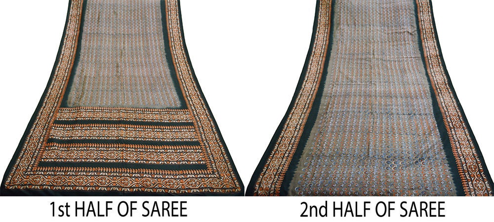 Indian Vintage Sari Brown & Black Pure Silk Printed Saree 5yd Sewing Craft Fabric DressMaking Soft