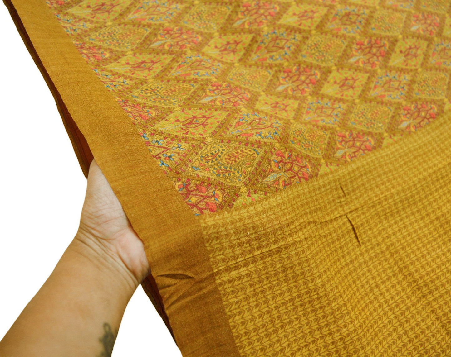 Vintage Saffron Heavy Saree Pure Woolen Woven Printed Indian Sari Soft Warm Fabric 5Yard Floral