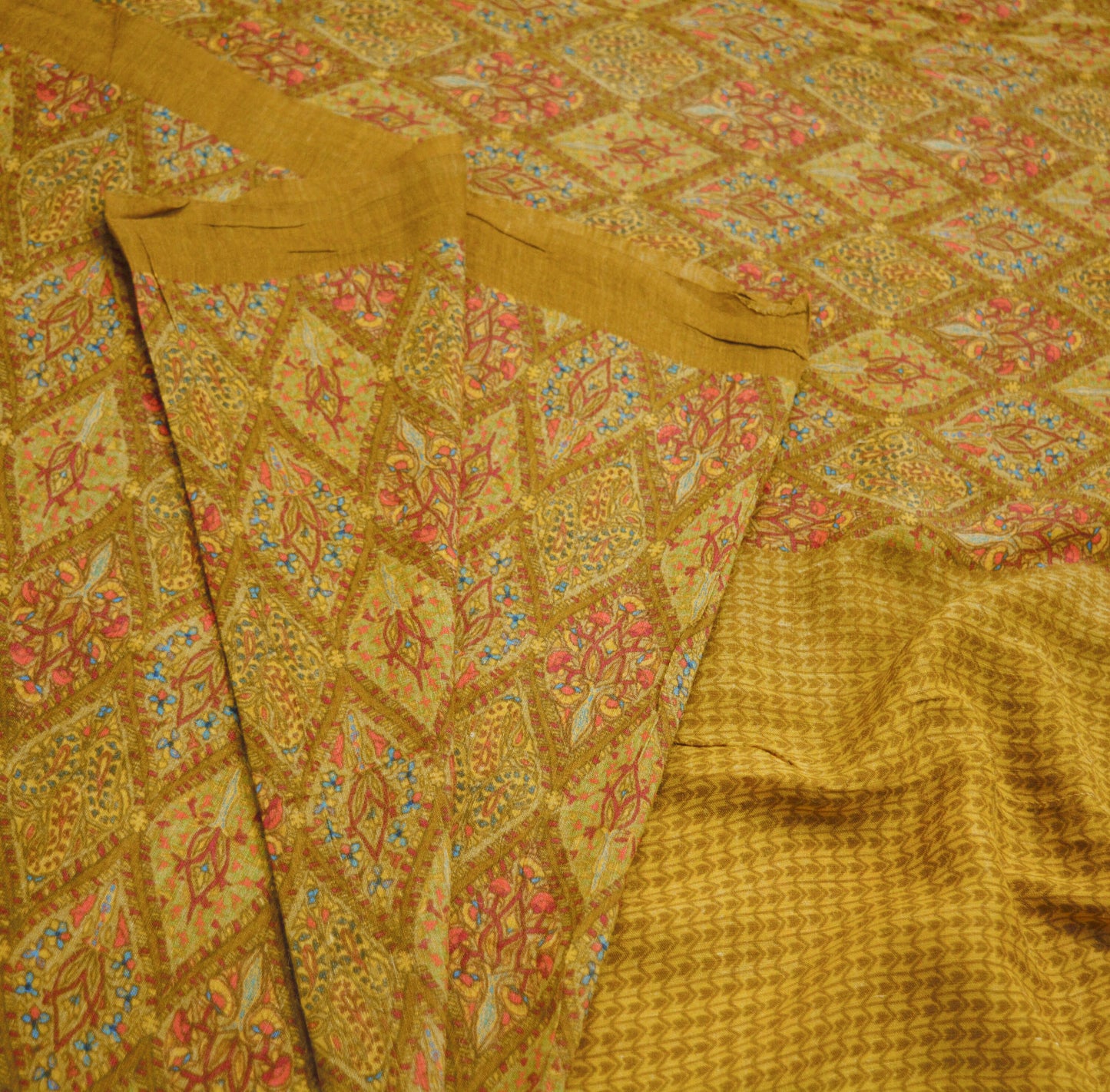 Vintage Saffron Heavy Saree Pure Woolen Woven Printed Indian Sari Soft Warm Fabric 5Yard Floral