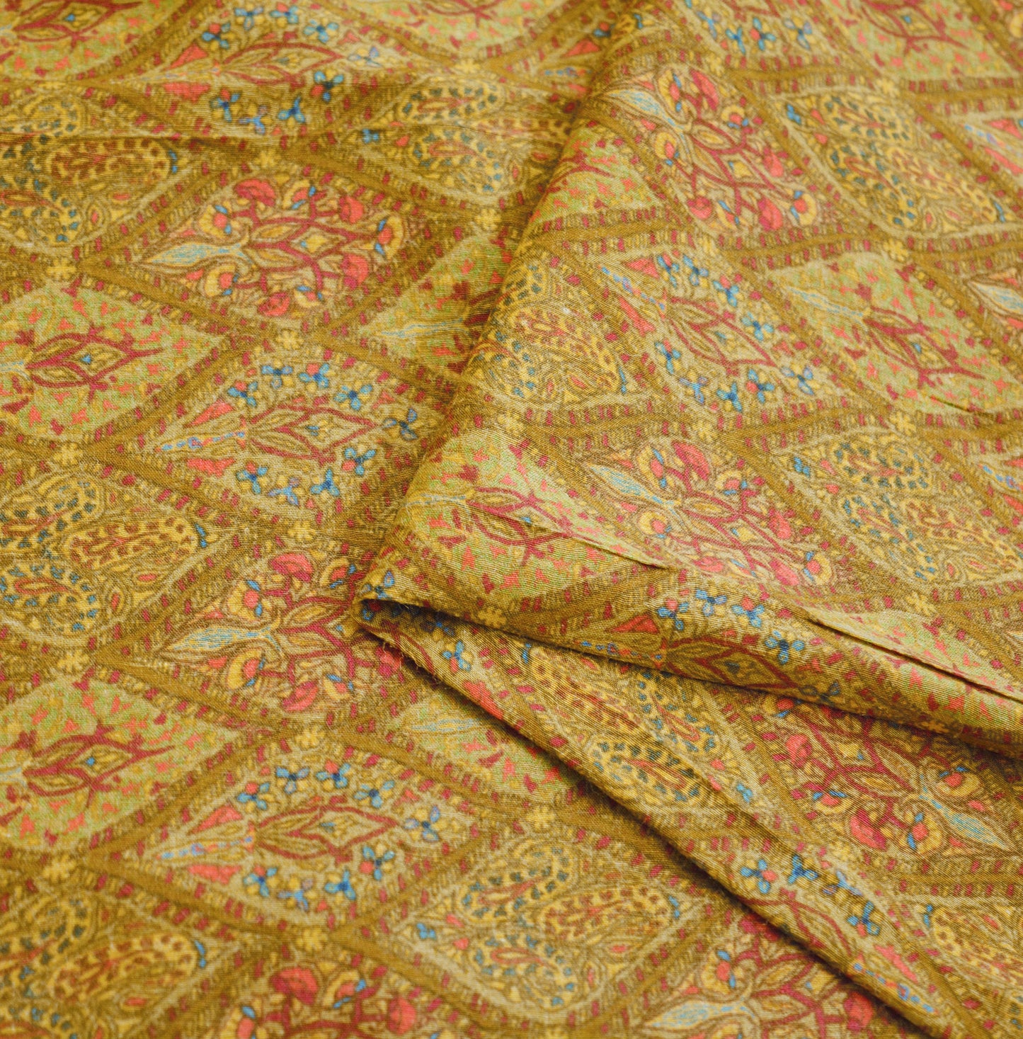 Vintage Saffron Heavy Saree Pure Woolen Woven Printed Indian Sari Soft Warm Fabric 5Yard Floral