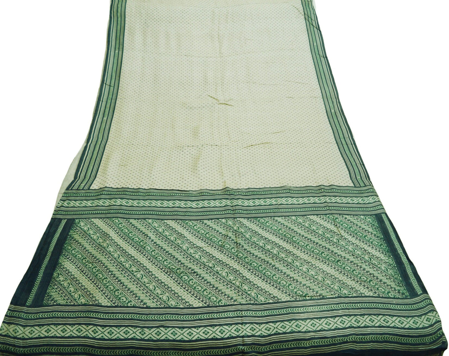 Vintage Ivory & Blue Heavy Saree Pure Woolen Woven Printed Indian Sari Soft Warm Fabric 5Yard Zigzag Woven Border Fringes